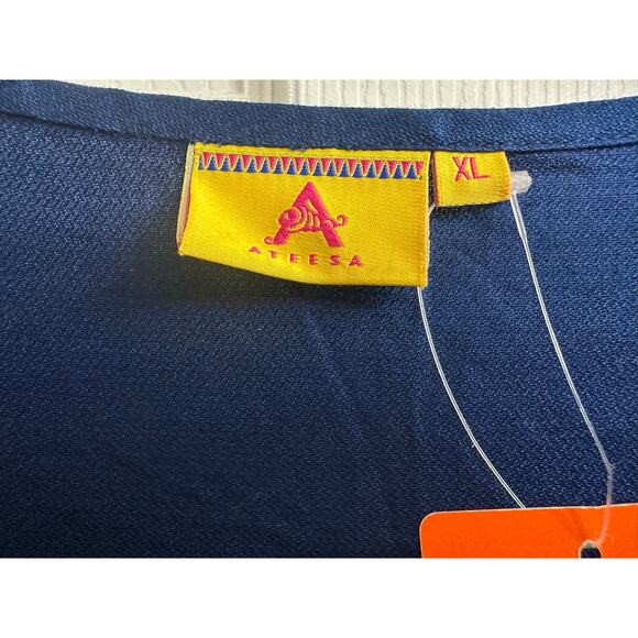 Ateesa Navy Blue Long Strip Embroidery Short Sleeve A-Line Tunic Dress Womens XL - Picture 8 of 8